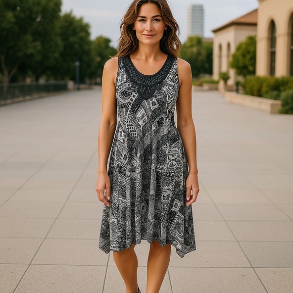 World Unity Women's Sleeveless Front Applique Dress Asymmetrical Paisley‎ M NWOT - Picture 1 of 7